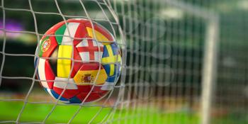 Football ball with flags of european countries in the net of goal of football stadium. Euro championship 2021. 3d illustration