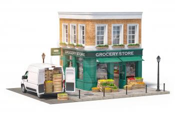 Grocery store shop in vintage style with delivery van, fruit and vegetables crates on the street. 3d illustration