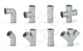 Various PVC plastic pipes and tubes  fittings isolated on white. 3d illustration