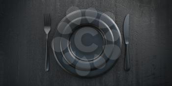 Top view of black plate, fork, knife, spoon on black grunge table. 3d illustration