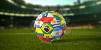 Soccer Football ball with flags of south america countries on the grass of football stadium. America championship 2021. 3d illustration