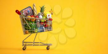Shopping cart full of food on yellow background. Grocery and food store concept. 3d illustration
