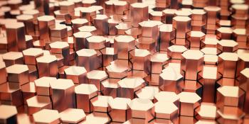 Hexagonal copper rods background. Copper profile manufacturing and production. 3d illustration