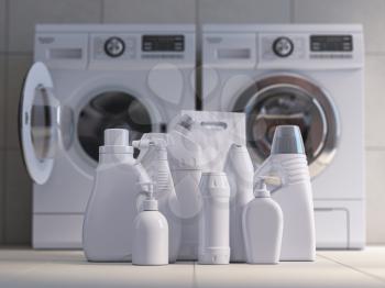 Washing machine, detergent bottles and powder. 3d illustration