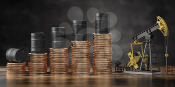 Oil barrels on stack of golden coins and oil pump jack. Growth rise of oil stock prices and growth of extraction concept. 3d illustration