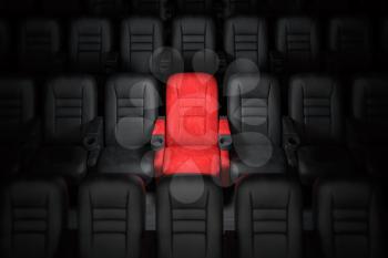 One red empty seat among others black seats in cinema hall. 3d illustration