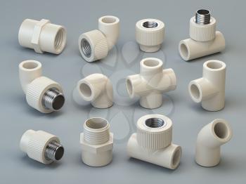 Set of PVC pipe fittings on grey background. 2d illustration