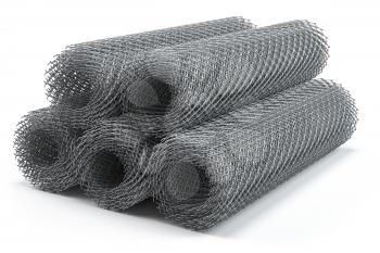 Coils of steel wire. Rabitz mesh netting rolls isolated on white. 3d illustration