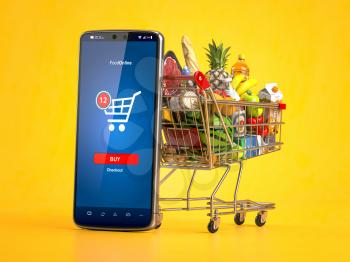 Shopping cart full of  food and smartphone. Grocery market shop, food and eats online ordering, buying and delivery concept. 3d illustration