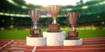 Sport trophy cups on pedestal at the stadium. Competition, championship winners reward. 3d illustration