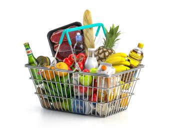 Shopping basket full of variety of grocery products, food and drink isolated on white background. 3d illustration