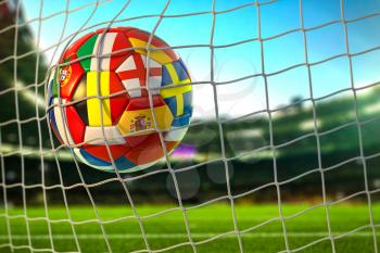 Soccer football ball with flags of european countries in the net of goal on football stadium. Euro championship 2021. 3d illustration