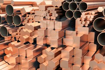 Copper tubes and different profiles in warehouse background. Different copper metal rolled products. 3d illustration
