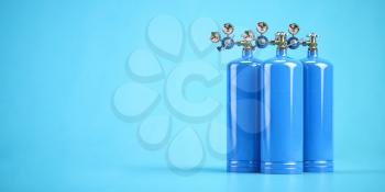 Blue oxygen tanks or cylinders on blue background. 3d illustration