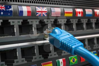 VPN virtual private network conncetion concept. Lan cable and a router with different flags. 3d illustration