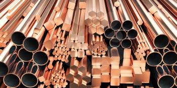 Copper tubes and different profiles in warehouse background. Different copper metal rolled products. 3d illustration