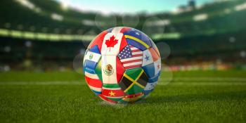 Soccer Football ball with flags of North America countries on the field of football stadium. North America concacaf championship 2021. 3d illustration