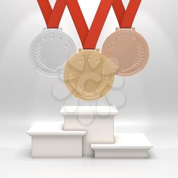 Golden, silver and bronze medals with laurels and stars on red ribbons hanging above square podium. Blank template. Victory, best product, service or employee, first place concept. Sports achievement.