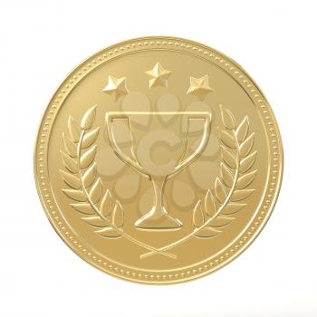 Gold medal with laurels , stars and cup. Round blank coin with ornaments. Victory, best product, service or employee, first place concept. Achievement in sports. Isolated on white background.