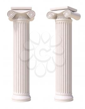 Antique columns in greek style. Front and side view. Isolated on white background.