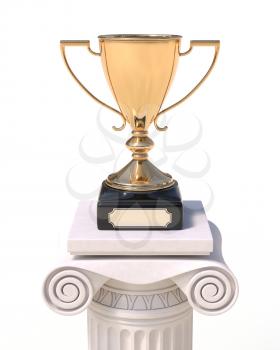 Golden trophy cup on an antique column in greek style isolated on white background. Victory, best product, service or employee, first place concept. Achievement in sports. 
