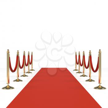 Red carpet with red ropes on golden stanchions. Exclusive event, movie premiere, gala, ceremony, awards concept. Blank template illustration with space for an object, person, logo, text. 