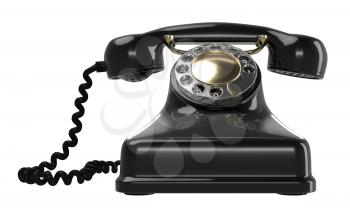 Vintage black telephone isolated on white. Retro 1940 - 1950 phone with rotary dial.