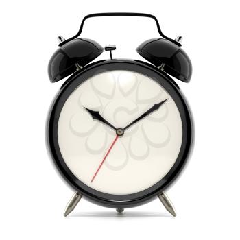 Alarm clock on white background with shadow. Vintage style black color clock with black hands.