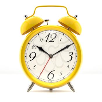 Alarm clock on white background with shadow. Vintage style yellow color clock with black hands.