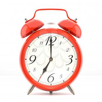 Alarm clock on white background with shadow. Vintage style red color clock with black hands.