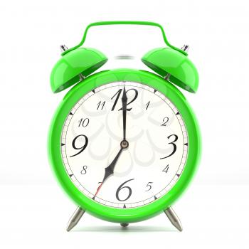 Alarm clock on white background with shadow. Vintage style green color clock with black hands.