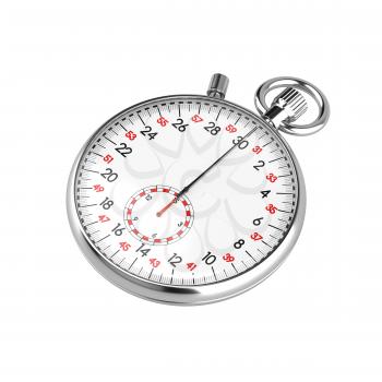 Mechanical stopwatch illustration. Retro classic style clock. Metallic chronometer with white face and black and red numbers. Isolated on white background. Time is money, deadline, accuracy concept.