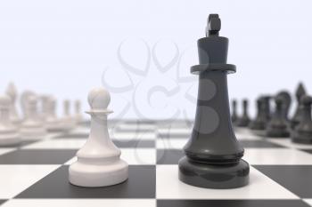 Two chess pieces on a chessboard. Black and white kings facing each other. Competition, discussion, agreement or opposition and confrontation concept. 