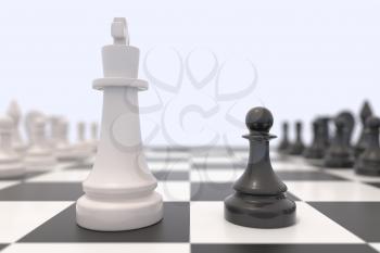 Two chess pieces on a chessboard. Black king and white pawn facing each other. Standing up to a bigger opponent, competition, discussion, agreement and confrontation concept. 3D illustration.