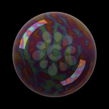 Soap bubble on black background. Realistic bubble with rainbow reflection. 3d illustration.