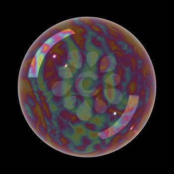 Soap bubble on black background. Realistic bubble with rainbow reflection. 3d illustration.