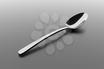 Silver spoon on a table. Fine cutlery on grey background. Single fork on a table. Silverware with shadow. 3D illustration.