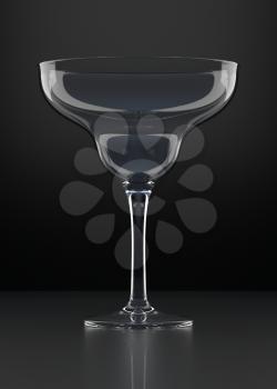 Empty Margarita Glass on black background. Alcoholic cocktail glassware. 3D illustration.