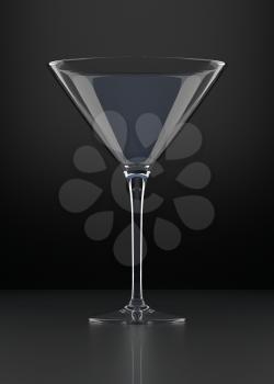 Empty Martini Glass on black background. Alcoholic cocktail glassware. 3D illustration.