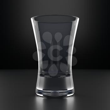 Empty Vodka Glass on black background. Alcoholic cocktail glassware. 3D illustration.