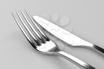 Fork and knife on grey. Photo realistic 3D illustration. Cutlery, kitchen silverware. For use in menu, restaurant printables, web site.