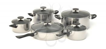 Stainless steel pots and pans on white background. Set of five cooking kitchenware with glass see through lids. 3D illustration.