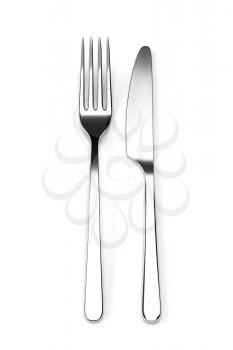 Fork and knife isolated on white background. Photo realistic 3D illustration. Cutlery, kitchen silverware. For use in menu, restaurant printables, web site.
