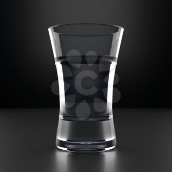 Vodka Glass with vodka shot. Black background. Alcoholic cocktail glassware. 3D illustration.