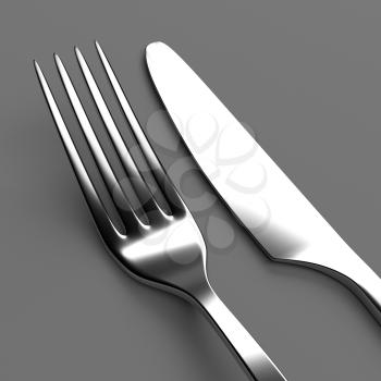 Fork and knife on grey. Photo realistic 3D illustration. Cutlery, kitchen silverware. For use in menu, restaurant printables, web site.