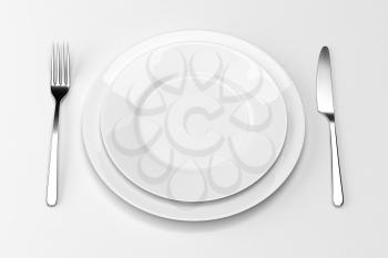 Fork and knife with plates. Serving table. Two empty plates ready for food. Photo realistic 3D illustration. Cutlery, kitchen silverware. For use in menu, restaurant printables, web site.