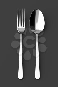 Fork and spoon. Photo realistic 3D illustration. Cutlery, kitchen silverware. For use in menu, restaurant printables, web site.