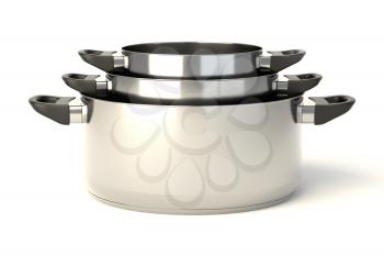 Stainless steel pots on white background. Set of three stacked cooking pots without lids. 3D illustration.