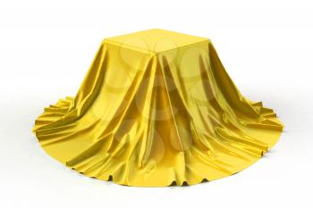 Box covered with yellow golden fabric. Isolated on white background. Award, prize, presentation concept. Showroom stand. Reveal a hidden object. Raise the curtain. Photo realistic 3d illustration