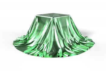 Box covered with green metallic fabric. Isolated on white background. Surprise, award, prize concept. Showroom stand. Reveal a hidden object. Raise the curtain. Photo realistic 3d illustration